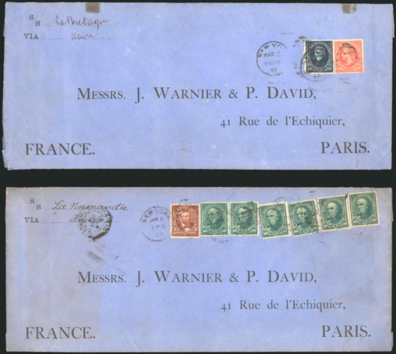 50c Orange (275).> Two covers: first bears 15c Dark Blue (274) used with 50c and tied by light strikes of New York Mar 12, 1897 duplexes on oversize blue cover with printed address <to Paris, France,> second
bears six 10c Dark Green (273) and one
