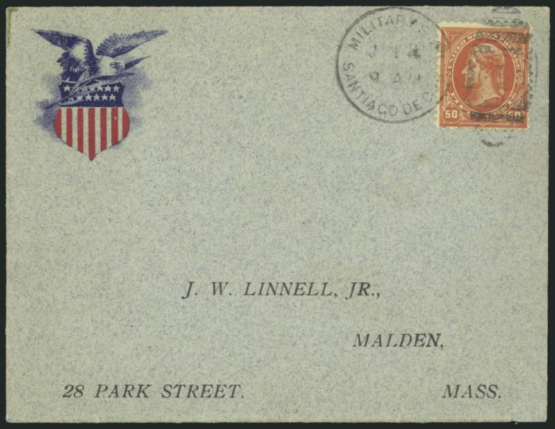 50c Orange (275).> Vibrant color, tied by <Military Sta., Santiago De Cuba, Jan. 4> duplex cancel on green cover with red and blue <Eagle and Shield corner card> with printed address to Malden Mass., 1899 New
York and receiving backstamps, fresh an