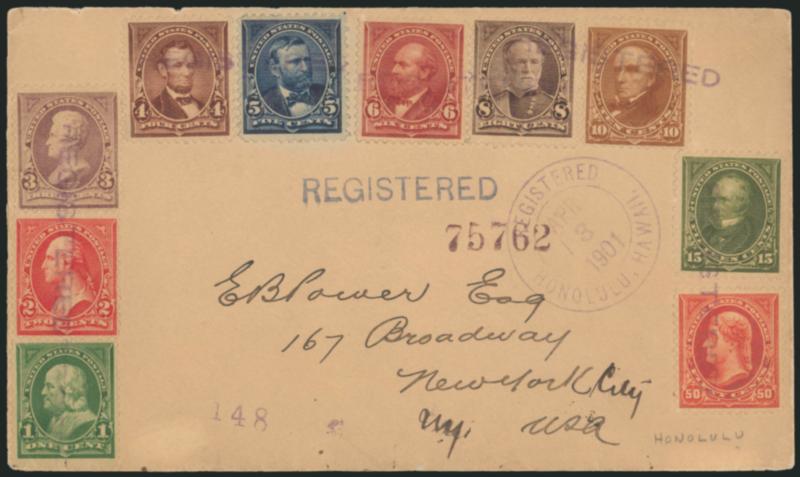50c Orange (275).> Used with 1c-15c 1898 Issue (279, 279B, 280-282, 283, 284), cancelled by purple Registered straightline handstamp with matching Registered, Honolulu, Hawaii Apr. 3, 1901 double-circle
datestamp on cover to New York, trivial edg