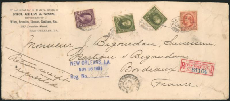50c Orange (275).> Used with two 15c Olive Green (284) and 3c Purple (268), tied by New Orleans oval registry cancels, blue New Orleans La. Nov. 16, 1901, Reg. No. three-line handstamp on oversize cover with
liquor dealers corner card <to Bordeaux