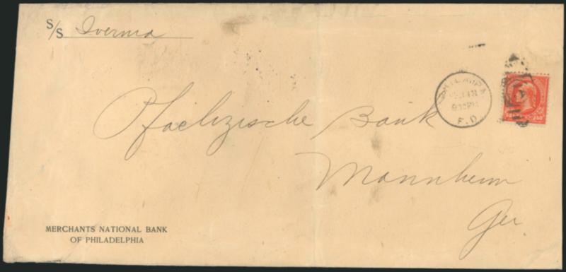 50c Orange (275).> Tied by Phila. Pa. F.D. Feb. 13, 1903 duplex cancel on oversize cover <to Mannheim, Germany,> transit and receiving backstamps, vertical file fold and some cover wear away from stamp, Very
Fine and unusual usage