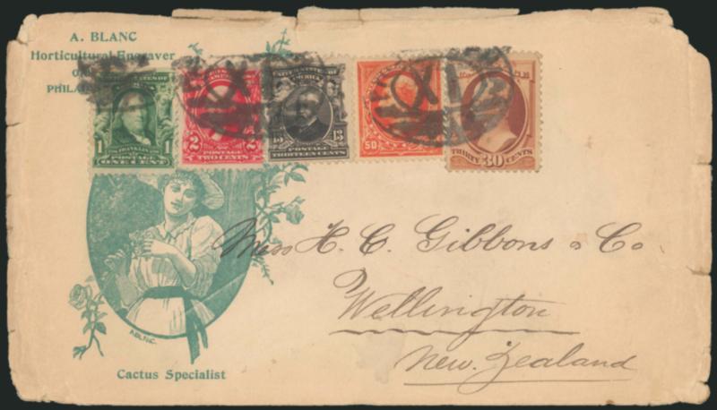 50c Orange (275).> Used with <30c Orange Brown (217),> 1c Blue Green (300), 2c Carmine (301) and 13c Purple Black (308), tied by bold Philadelphia registry ovals on <illustrated> cover for a horticultural
engraver <to Wellington, New Zealand,> edge t