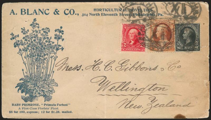 $1.00 Black, Ty. I (276).> Used with <30c Orange Brown (217) and 2c Carmine (301),> tied by Philadelphia oval registry cancels on blue orticultural Novelties illustrated corner card cover to Wellington, New
Zealand,> additional printing on back, st