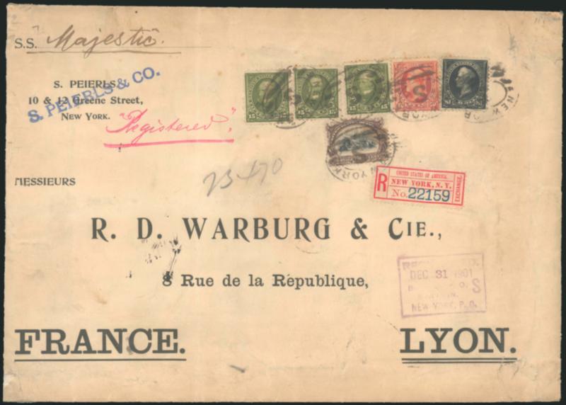 $1.00 Black, Ty. I (276).> Beautifully centered, used with <50c Orange (275), three 15c Olive Green (284) and 8c Pan-American (298),> tied by New York registry ovals, purple Registered Dec. 31, 1901 New York
P.O. framed handstamp on oversize cover