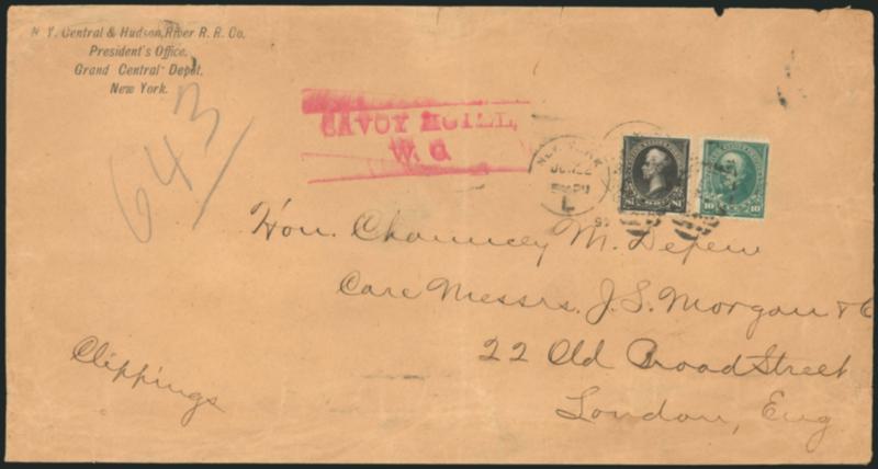 $1.00 Black, Ty. I (276).> Used with 10c Dark Green (273) and tied by New York Jun. 22, 1897 duplex cancels on oversize cover from N.Y. Hudson & Central River R.R. Co. <to London, England,> endorsed
<<Clippings>> at lower left, red Savoy Hotel ha