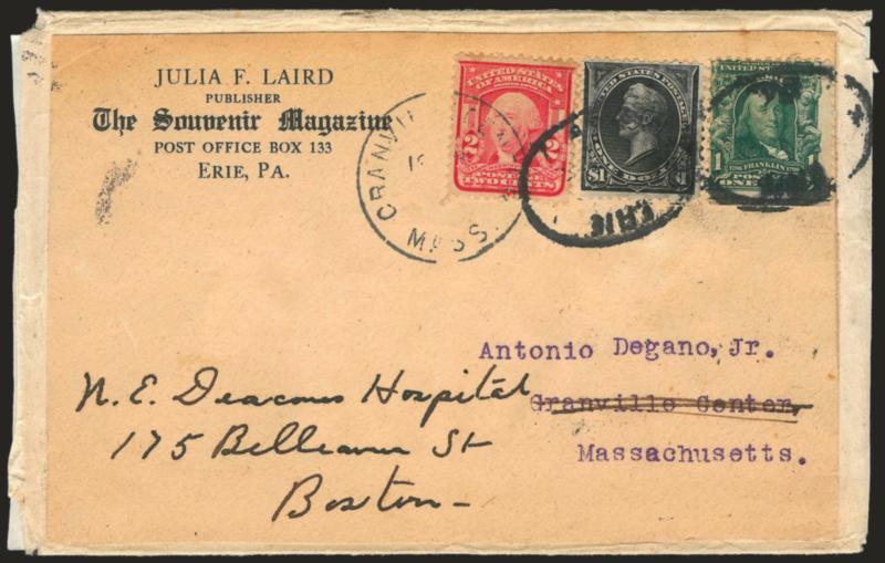 $1.00 Black, Ty. I (276).> Used with 1c and 2c 1902 Issue (300, 319) tied by Erie Pa. ovals on wrapper to Granville Center Mass. and <forwarded> to Boston, 2c also tied by Granville Center Mass. circular
datestamp, 1908 backstamp from Westfield M