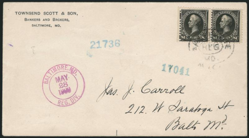 $1.00 Black, Ty. I (276).> Horizontal pair, perfs intact at left with part of selvage, tied by Baltimore Md. Reg. oval registry cancel, purple Baltimore Md. Reg. Div. May 28, 1900 double-circle datestamp on
locally addressed cover with bankers r