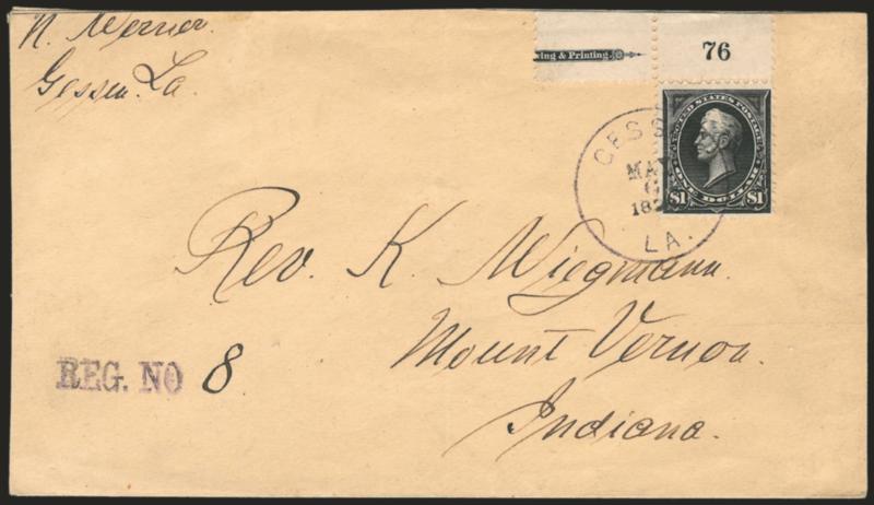$1.00 Black, Ty. II (276A).> Selvage with plate no. 76 at top and also part imprint selvage at left, tied by Gessu La. May 6, 1896 circular datestamp on registered cover to Mount Vernon Ind., receiving
backstamp, faint vertical file fold well clear