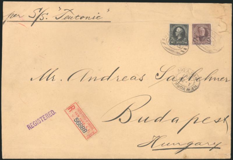 $1.00 Black, Ty. II (276A).> Used with 8c Violet Brown (272), tied by New York registry ovals, New York Reg.y Div. 1-25 1897 oval datestamp on oversize cover to Andreas Saxlehner in udapest, Hungary,> receiving
backstamp, some cover wear incl. cr