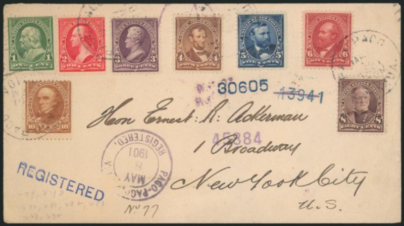 1c-10c 1895-98 Bureau Issue (279-282, 283).> Used with Nos. 268 and 272 and tied by <Pago Pago Samoa, May 8, 1901> circular datestamps on registered cover to New York, Very Fine, scarce and desirable
usage