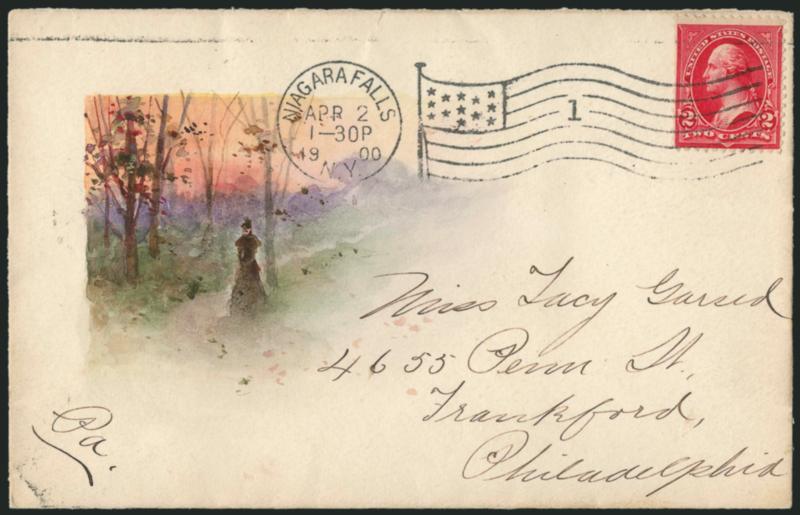 2c Red, Ty. IV (279B).> Tied by neat Niagara Falls N.Y. Apr. 2, 1900 machine cancel on cover to Philadelphia, with beautiful multicolored <hand-drawn watercolor> depicting a woman walking in the woods, receiving
backstamp, Extremely Fine, one of th
