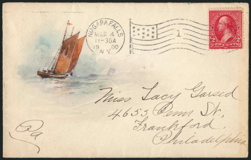 2c Red, Ty. IV (279B).> Tied by neat Niagara Falls N.Y. Mar. 4, 1900 machine cancel on cover to Philadelphia, with multicolored <hand-drawn watercolor design depicting sailboat at sea,> receiving backstamp, Very
Fine, a beautiful design