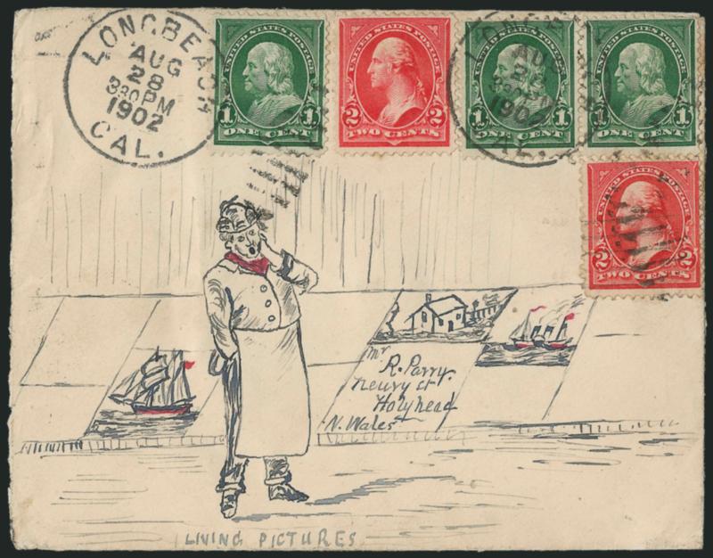 2c Red, Ty. IV (279B).> Two covers: first bears two 2c and one 1c (279) from San Francisco to North Wales and with attractive <hand-drawn> design second bears two 2c and three 1c (279) used from Long Beach Cal.
to North Wales and also with attractiv