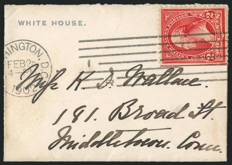 2c Red, Ty. IV (279B).> Tied by Washington D.C. Feb. 25, 1902 machine cancel on small cover with <White House corner card> and addressed to Middletown Conn., with original enclosure which is <sympathy card in
hand of Edith Roosevelt,> cover also ad