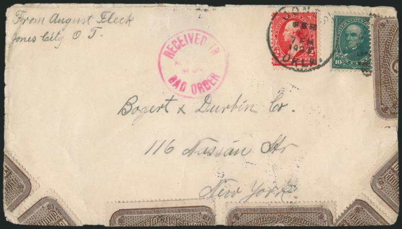 2c Red, Ty. IV (279B).> Used with 10c Dark Green (273) and tied by Jones Okla. Feb. 17, 1903 duplex on cover to New York, with <five Post Office Seals> around right and bottom edges and with red Received in Bad
Order handstamp, some edgewear, Ver