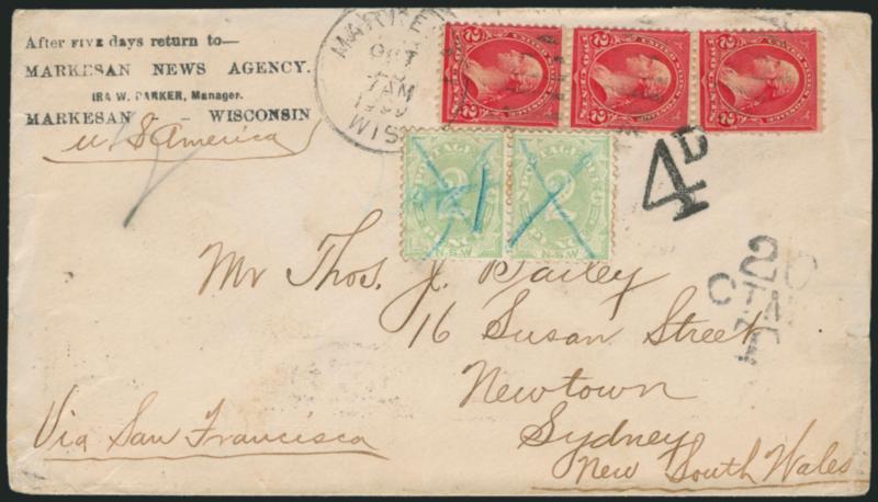 2c Red, Ty. IV (279B).> Vertical strip of three, tied by Markesan Wis. Oct. 26, 1900 circular datestamp on cover <to Sydney, New South Wales,> strip also tied by bold 4d due marking, also with <two New South
Wales 2p Postage Due stamps> cancelled