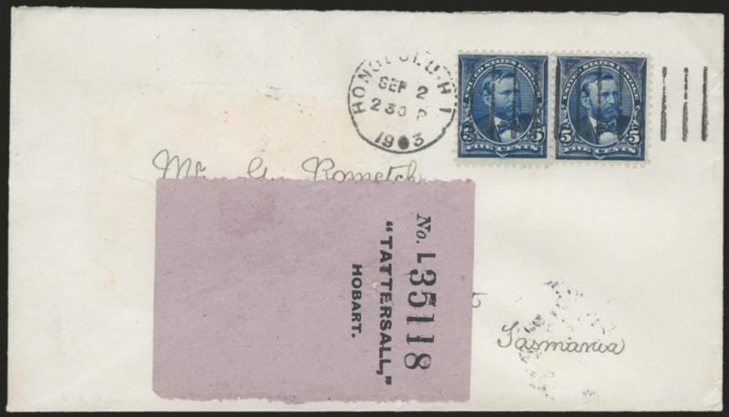 5c Dark Blue (281).> Two covers, each with horizontal pair and each <used from Honolulu, Hawaii,> one in 1901 and other in 1903, latter with lottery ticket attached and addressed <to Tasmania,> former <to
Liverpool, England> (stamps with faults), Ver