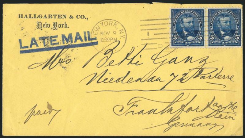 Bureau Issue Late Mail Auxiliary Markings.> Four covers, incl. one with No. 284 and purple Too Late (N.Y. For. Sta.) handstamp another with No. 247 and pair of No. 251 with neat Late Mail handstamp one with 2c
to France with magenta Received