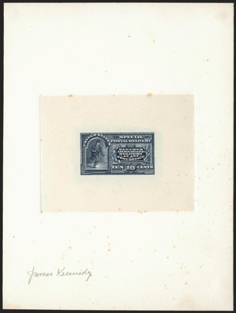 10c Blue, Special Delivery, Large Die Proof on India (E4P1).> Die sunk on 114 x 152mm card with full die sinkage, signed by James Kennedy, bright color, spots of foxing, otherwise Very Fine