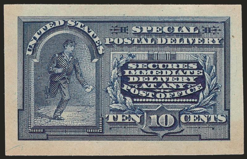 10c Blue, Special Delivery, Panama-Pacific Small Die Proof (E4P2a).> 41 x 25mm, deep rich color, paper a bit toned as normally found on these, Very Fine, rare, perhaps 3-5 are known, this is the first we have
offered since keeping computerized record