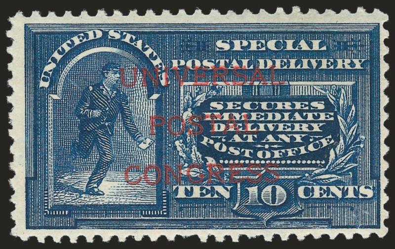 10c Blue, Special Delivery, Specimen Ty. E Ovpt., Universal Postal Congress Ovpt. (E5S-E, E5S-O).> Singles of each, original gum, rich colors, fresh and Fine