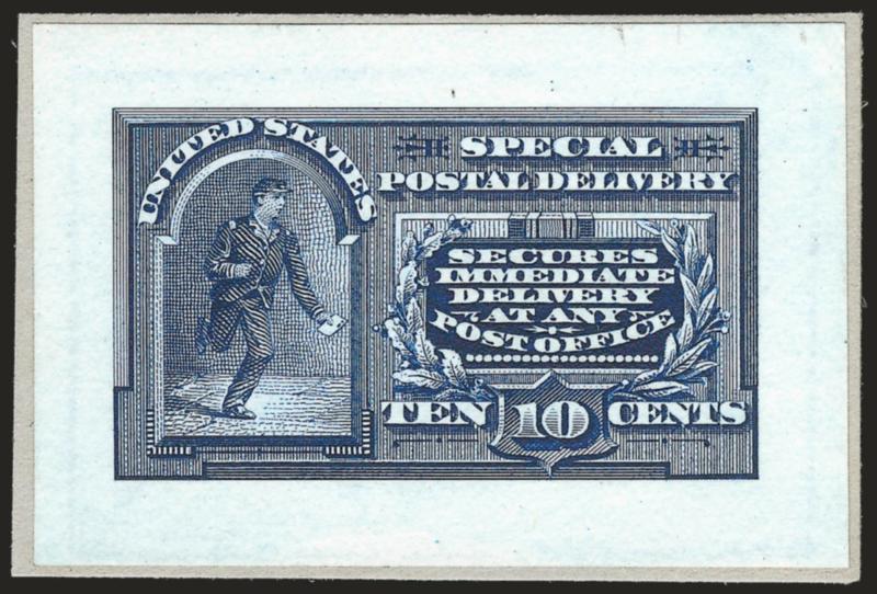 10c Blue, Special Delivery, Proofs and Specimen Overprints (E2P4, E4P2, E5S-E, E5S-O).> Two of the Roosevelt Album proofs, one on and one off card backing (small corner nick), singles of each of the others, Nos.
E5SE and E5SO without gum, Very Fine g