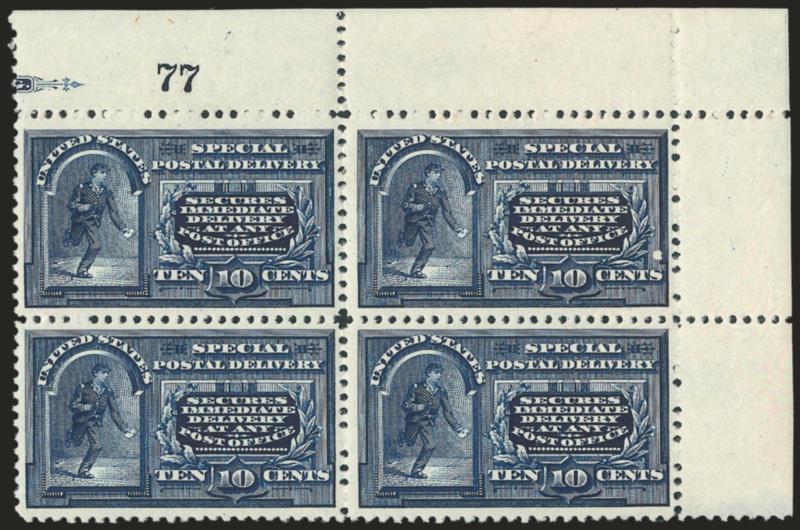 10c Blue, Special Delivery (E4).> Block of four with plate no. 77 at top and selvage at right, tropicalized original gum, deep shade on bright paper, small margin thin at bottom right of pos. 4, otherwise Very
Fine, a rare block with plate number, ou