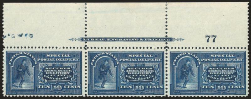 10c Blue, Special Delivery (E4).> Top imprint and plate no. 77 strip of three, outer stamps Mint N.H., deep rich color on bright paper<><>^VERY FINE IMPRINT AND PLATE NUMBER STRIP OF THE 10-CENT 1894
UNWATERMARKED SPECIAL DELIVERY ISSUE WITH TWO MI