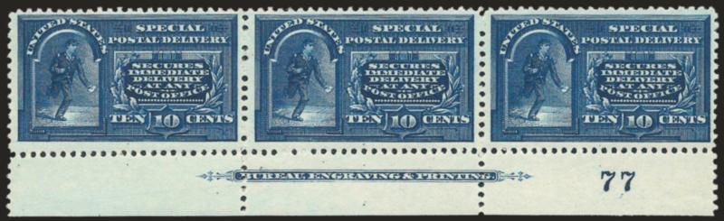 10c Blue, Special Delivery (E4).> Bottom imprint and plate no. strip 77 of three, deep shade on bright paper, wide margins<><>^VERY FINE IMPRINT AND PLATE NUMBER STRIP OF THE 10-CENT 1894 SPECIAL DELIVERY
ISSUE.^<><>The 1894 unwatermarked issue i