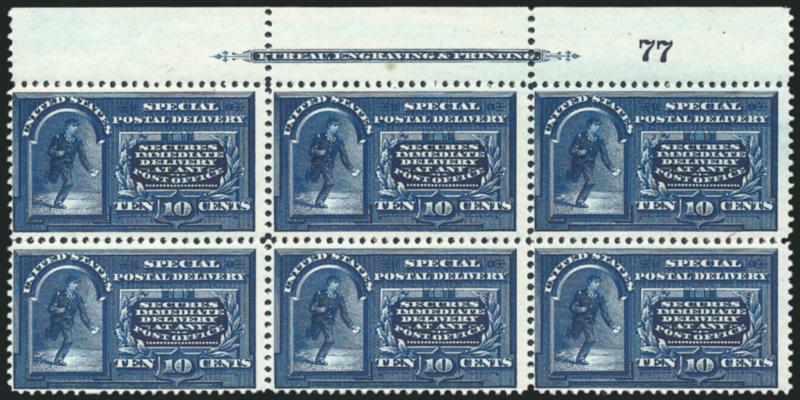 10c Dark Blue, Special Delivery (E4 var).> Top imprint and plate no. 77 block of six, original gum, lightly hinged, intense shade and impression, tiny toned spot in center selvage not mentioned on accompanying
certificate<><>^FINE. AN EXCEEDINGLY R