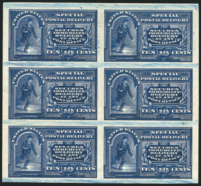 10c Blue, Special Delivery, Imperforate (E4a).> Block of six, unused (no gum), huge margins all around, intense color and impression with plate wash between stamps, top pair light horizontal crease, others with
light bends<><>^EXTREMELY FINE APPEAR