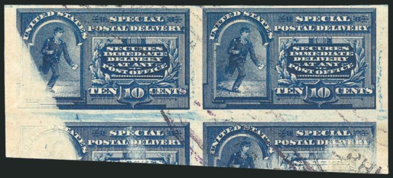 10c Blue, Special Delivery, Imperforate (E4a).> Horizontal pair, huge margins to full incl. significant portion of adjoining stamps at bottom, unusual <albino impression> of part of left stamps where not inked,
also dry printing at bottom right, ligh