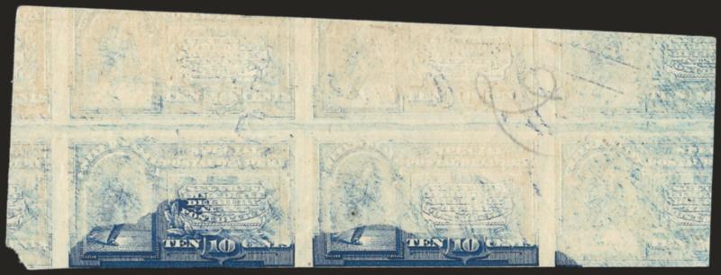 10c Blue, Special Delivery, Imperforate (E4a).> Horizontal pair with significant portions of six adjoining stamps, unusual <albino impression> showing a lack of ink on much of the piece outside of the bottom of
the two stamps in the pair, back of pie