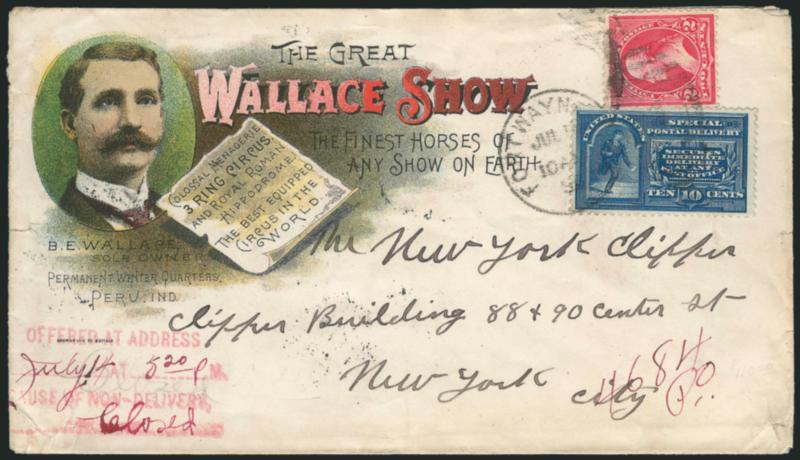 10c Blue, Special Delivery (E4).> Tied by Fort Wayne Ind. Jul. 14, 1895 duplex and used with 2c Carmine, Ty. II (267) on multicolored <The Wallace Show, The Finest of Any Horses on Earth illustrated> cover to
New York, red Offered at Address Jul