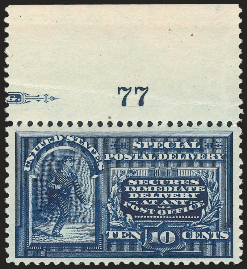10c Blue, Special Delivery (E5).> Mint N.H. with plate no. 77 at top, deep rich color on bright paper, balanced margins, natural gum crease confined to selvage, Very Fine and choice, a pretty stamp