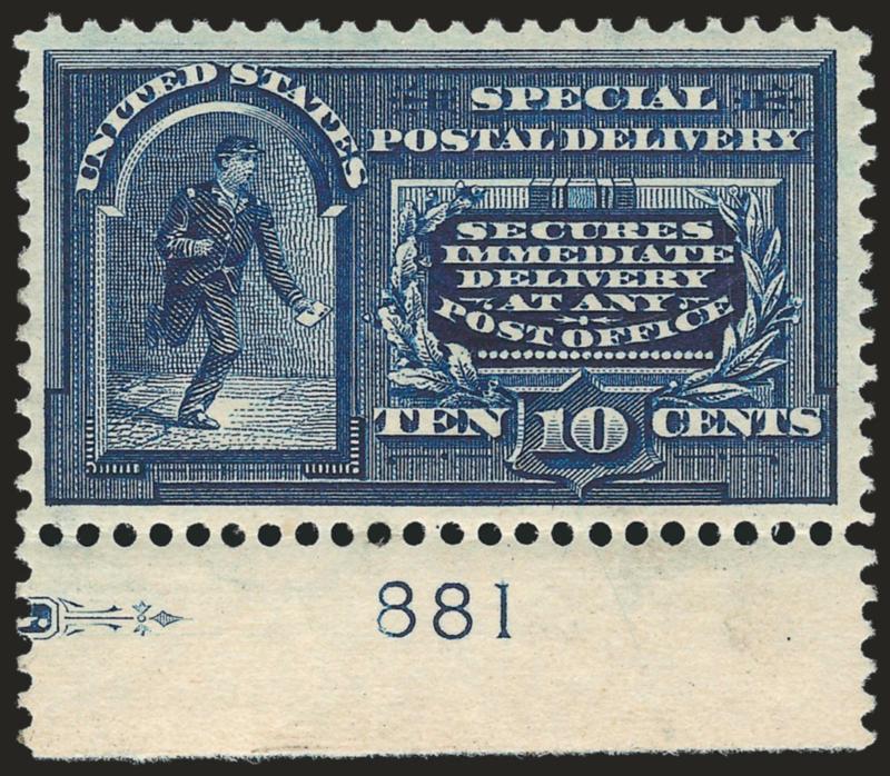 10c Blue, Special Delivery (E5).> Ten unused plate no. singles representing all but two of the possible plates (missing only plate nos. 77 and 882), a few are Mint N.H., one no gum, centering mostly Fine with a
couple Very Fine, plate nos. 1257 thru