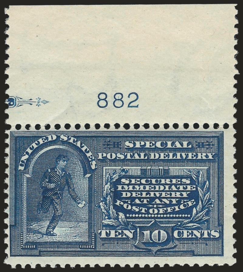 10c Blue, Special Delivery (E5, E5a).> One of each, Mint N.H., No. E5 with wide top part imprint selvage, No. E5a with plate no. 882 at top, rich colors, Fine and attractive, No. E5a became a Scott-listed
variety in 2007, it is distinguished by dots