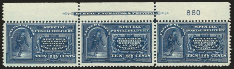 10c Blue, Special Delivery (E5).> Nine top imprint and plate no. strips of three, five with extra wide selvage, <each a different plate no.,> original gum, most lightly hinged, nice range of shades, overall
Fine, scarce group, only twelve plate numbe