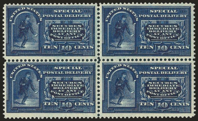 10c Dark Blue, Special Delivery (E5).> Block of four, original gum, lightly hinged, incredibly deep rich color, Fine-Very Fine, the top right stamp particularly choice