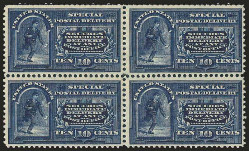 10c Dark Blue, Special Delivery (E5a).> Block of four, original gum, small h.r., deep rich rich color, Very Fine, No. E5a became a Scott listed variety in 2007, it is distinguished by dots in the curved frame
above the messenger and comes only from p