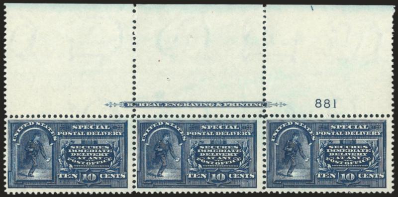 10c Blue, Special Delivery (E5).> Mint N.H. wide top imprint and plate no. 881 strip of three, bright shade, fresh and Fine