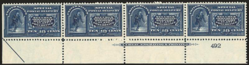 10c Blue, Special Delivery (E5).> Mint N.H. bottom imprint, half arrow and plate no. 492 strip of four, bright shade on fresh paper, wide margins, Extremely Fine, a beautiful position multiple