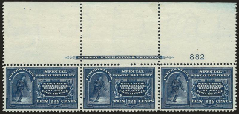 10c Blue, Special Delivery, Dot in Curved Frame Above Messenger (E5a).> Top imprint and plate no. 882 strip of three with wide selvage, stamps Mint N.H., rich color on bright paper, fresh and Very Fine, Scott
Retail as singles with no premium for the