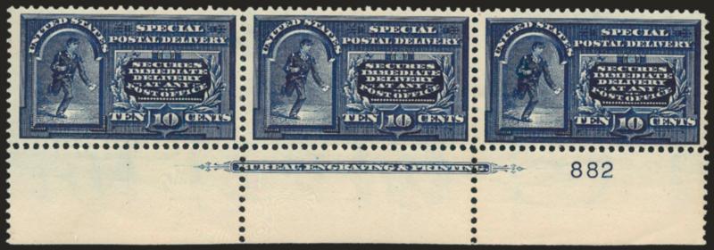 10c Blue, Special Delivery, Dot in Curved Frame Above Messenger (E5a).> Bottom imprint and plate no. 882 strip of three, original gum, barely hinged, deep rich color on bright paper, Very Fine, this variety only
occurs on plate 882, Scott Retail as s