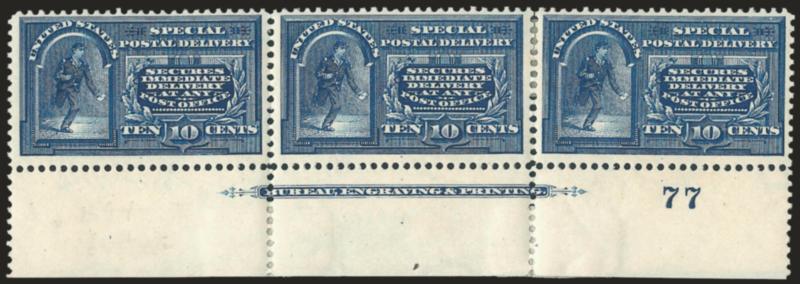 10c Blue, Special Delivery (E5).> Matching top and bottom imprint and plate no. 77 strips of three, original gum, h.r., top with few perf separations and internal margin nick between pos. 2 and 3, bottom with
reinforced perf separations, otherwise Ve