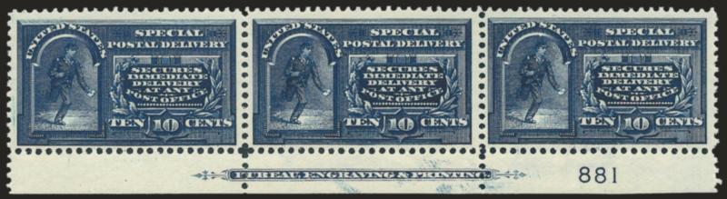 10c Blue, Special Delivery (E5).> Six bottom imprint and plate no. strips of three (plate nos. 257, 381, 880, 881, 883, 1259), one regummed, others original gum, several stamps Mint N.H., small stain on one,
centering mostly Fine, an attractive group