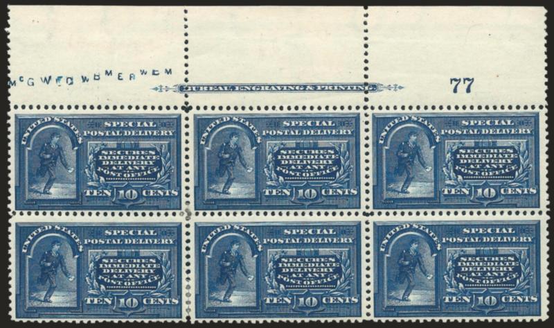 10c Blue, Special Delivery (E5).> Top imprint and plate no. 77 block of six, original gum, couple small h.r. slivers, one reinforces perf separations, vivid color on bright paper, Very Fine example of this
difficult plate block