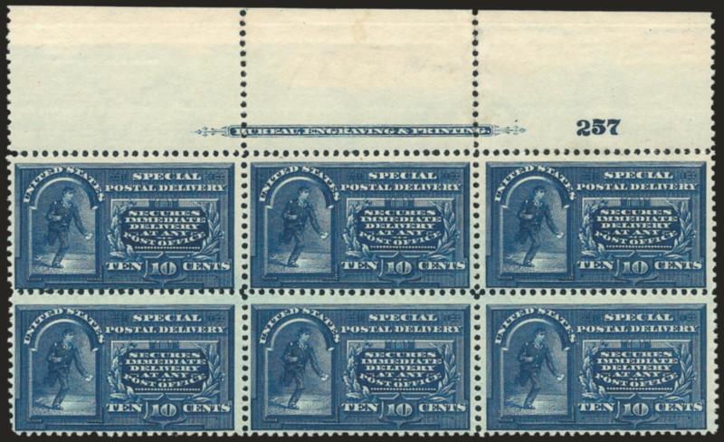 10c Blue, Special Delivery (E5).> Top imprint and plate no. 257 block of six, original gum, lightly hinged, perf separations mostly confined to selvage where reinforced, small thin spot pos. 3, otherwise Fine,
scarce plate block