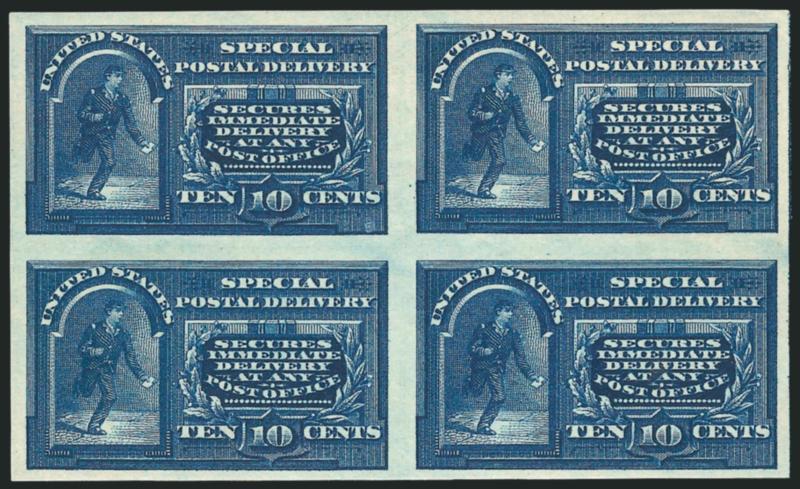 10c Blue, Special Delivery, Imperforate (E5c formerly E5a).> Block of four, original gum, lightly hinged, large margins all around incl. trace of center line at right, rich color and detailed impression, light
corner crease at top right not mentione
