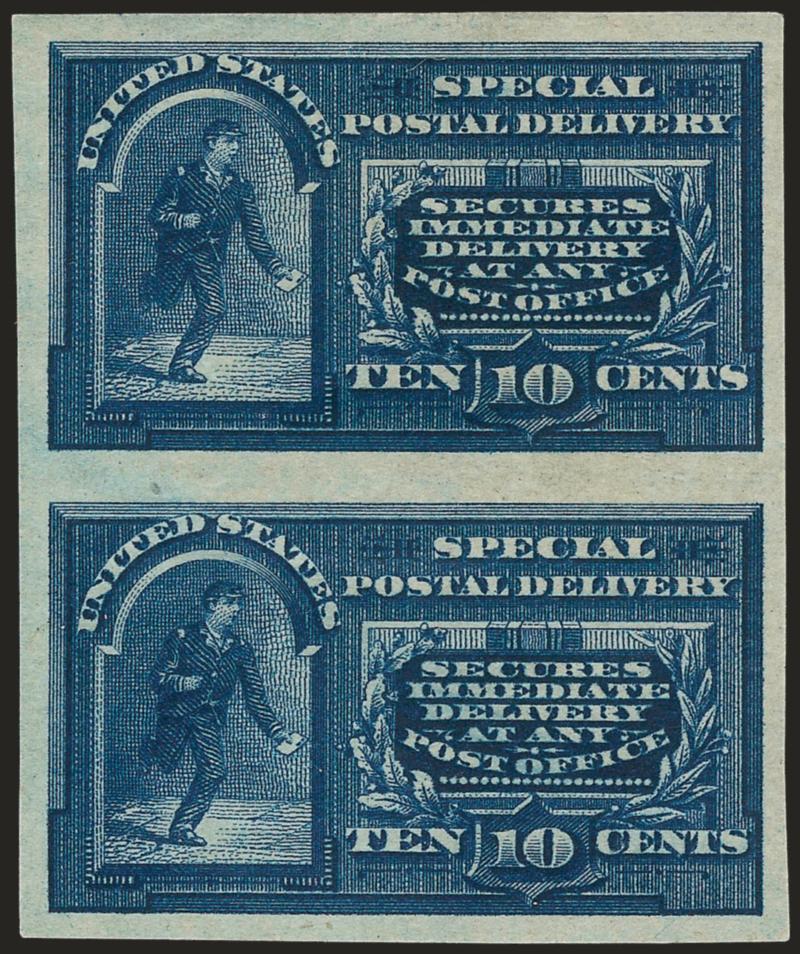 10c Blue, Special Delivery, Imperforate (E5c formerly E5a).> Vertical pair, large and even margins all around, deep rich color, original gum, usual light natural gum wrinkles<><>^EXTREMELY FINE IMPERFORATE PAIR
OF THE 10-CENT 1895 WATERMARKED BURE